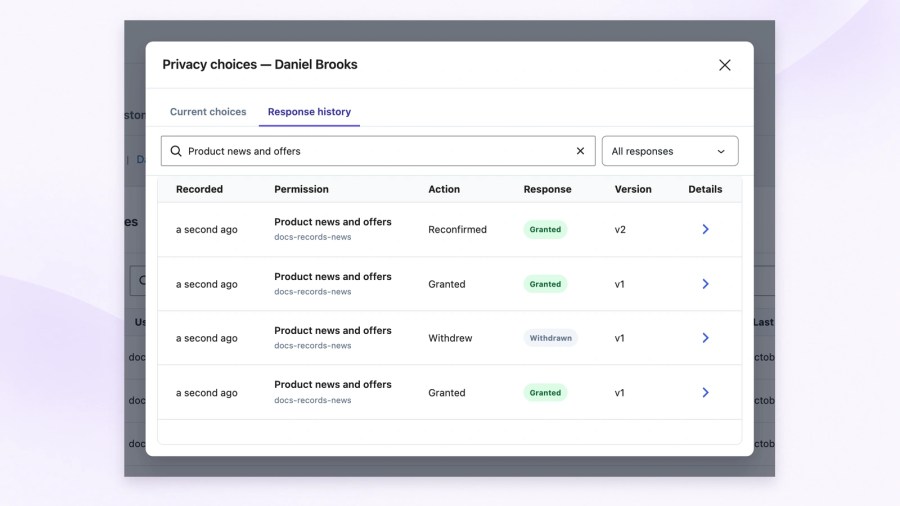 Staff privacy choices inspector with Response history selected, showing grants, a withdrawal and a reconfirmation alongside response values, recorded dates and permission version numbers.