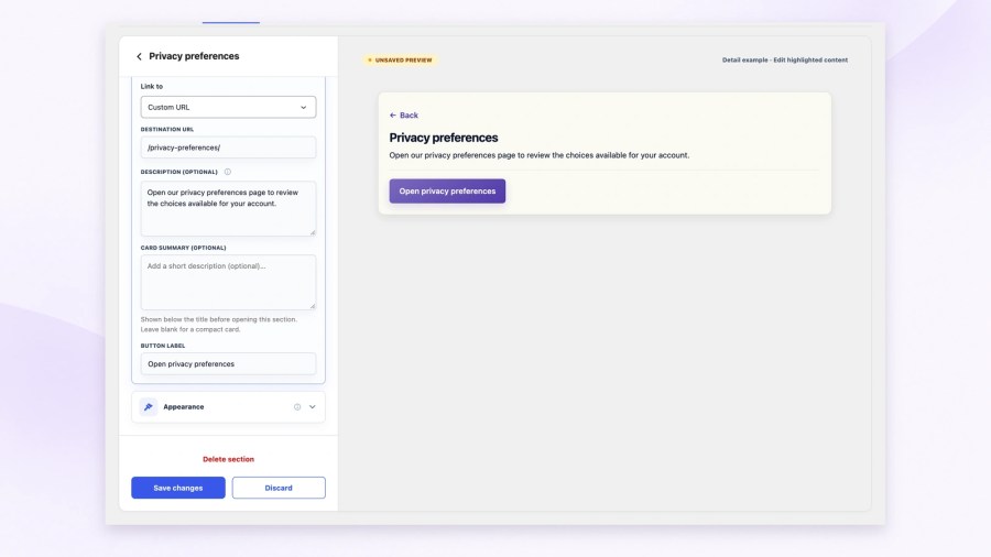 WooCommerce custom-section editor showing a destination URL, optional description, button label and Save changes controls beside an unsaved customer privacy-preferences preview.
