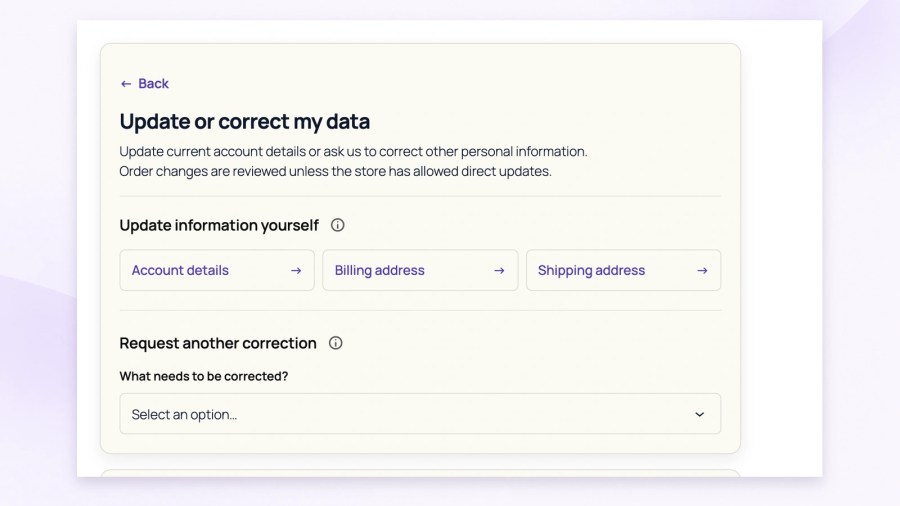WooCommerce Update or correct my data screen with Account details, Billing address and Shipping address links above a separate Request another correction selector.