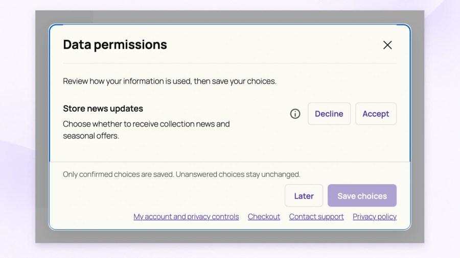 Customer Data permissions popup requesting a response to Store news updates, with Decline, Accept and Later controls and Save choices disabled before a selection.