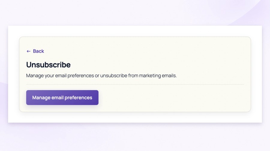 Customer Unsubscribe section showing a short explanation about marketing email preferences and a Manage email preferences button linking to the configured destination.