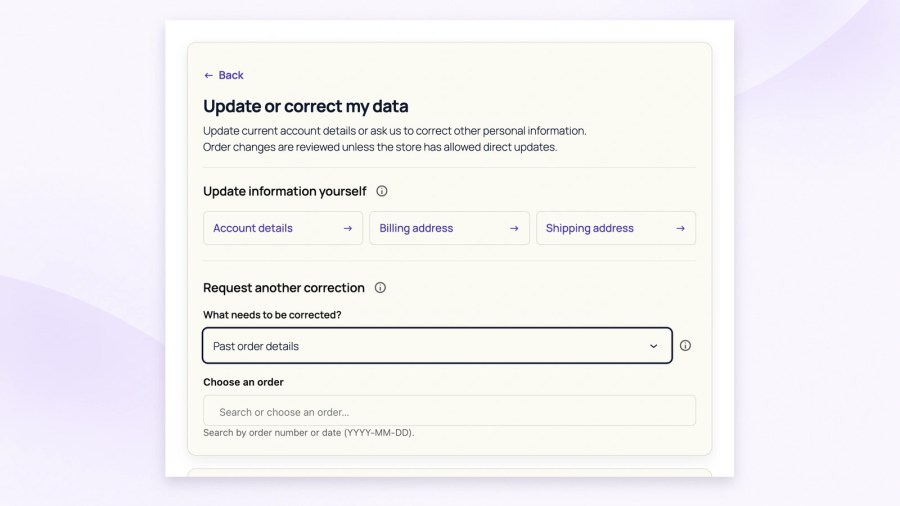 WooCommerce Update or correct my data screen with Past order details selected, a Choose an order search field and separate account and address shortcuts.