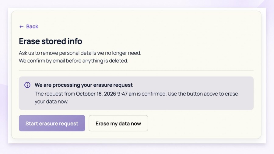 WooCommerce Erase stored info screen showing a confirmed request ready to proceed and the Erase my data now button beside a disabled start-request button.