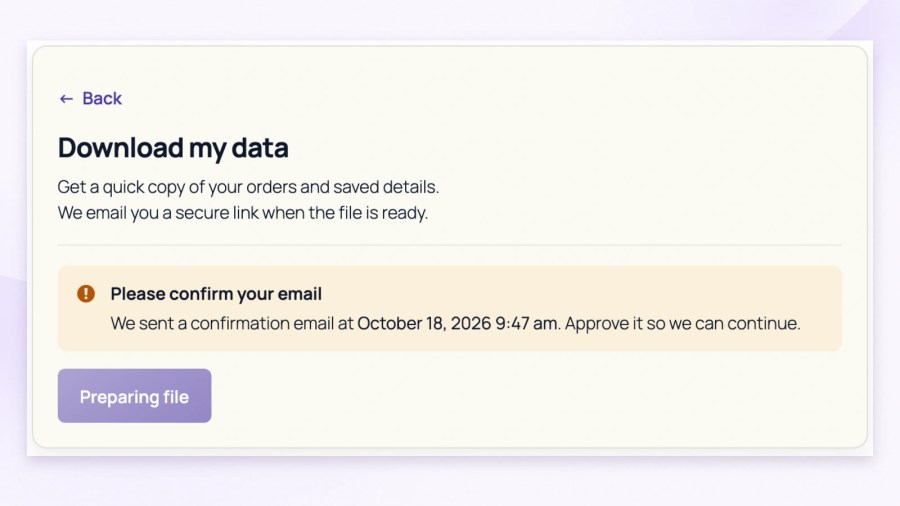 WooCommerce Download my data screen showing a Please confirm your email notice and a Preparing file button while the export request awaits confirmation.