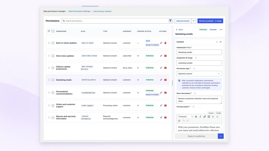 Data permission manager with draft and published permissions beside the Marketing emails editor, showing an Optional consent type, title, integration ID and description fields.