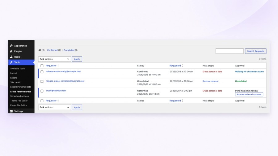 WordPress Tools navigation and Erase Personal Data request table showing a confirmed request marked Pending admin review with an Approve and email customer button.