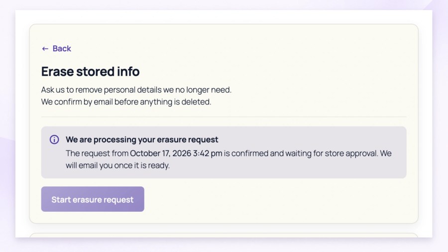 WooCommerce Erase stored info screen showing a confirmed customer request waiting for store approval, with a status notice and a disabled start-request button.