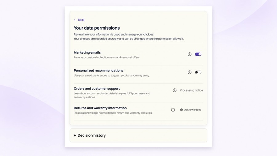 My Account Your data permissions screen with marketing and recommendation toggles, a processing notice, an acknowledged information item and a collapsed Decision history section.