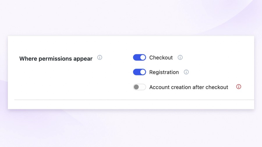 Where permissions appear settings with Checkout and Registration enabled and Account creation after checkout disabled in the displayed WooCommerce configuration.