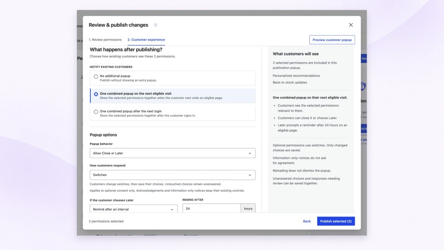 Customer experience publication step showing combined popup timing, dismissal and response settings, a customer summary, and the Publish selected button for two permissions.