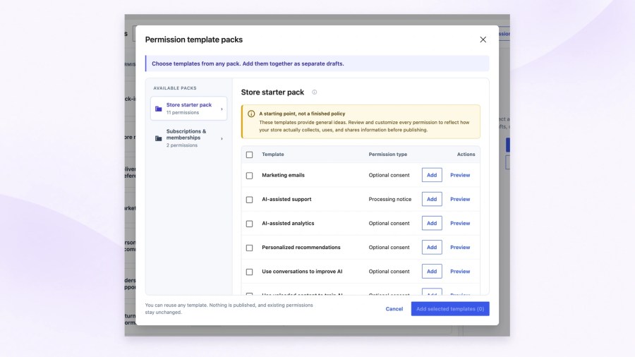 Permission template packs dialog showing the Store starter pack, optional consent and processing notice templates, selection controls, and an inactive Add selected templates button.