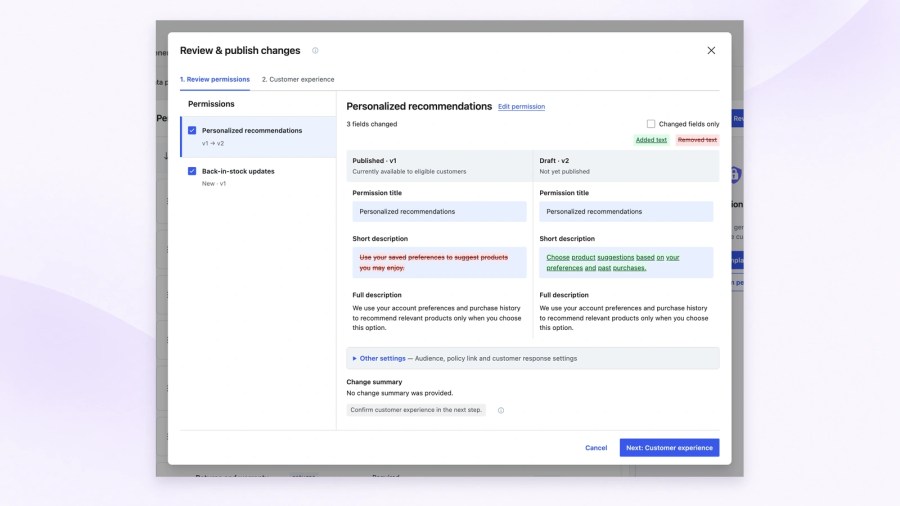 Review and publish dialog comparing published permission wording with draft revisions, highlighting added and removed text, with Next: Customer experience available at the bottom.