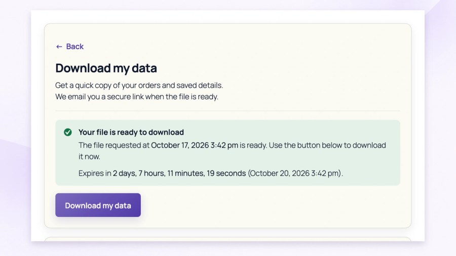WooCommerce Download my data screen with a green file-ready notice, an expiry countdown and a Download my data button for the completed archive.