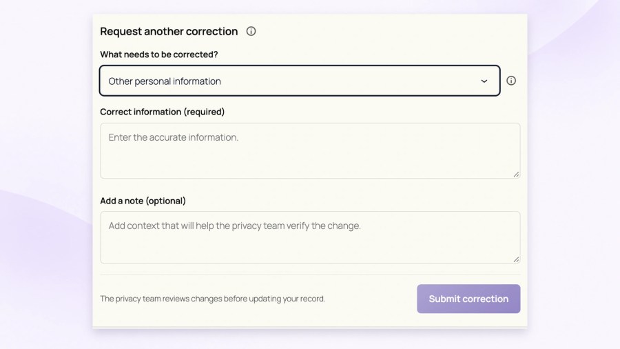 Customer correction form with Other personal information selected, a required accurate-information field, an optional note field and a Submit correction button.