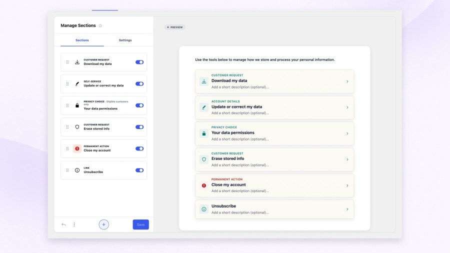 WooCommerce privacy customization workspace showing Manage Sections, six section cards with visibility controls, and the customer privacy home preview in the same screen.