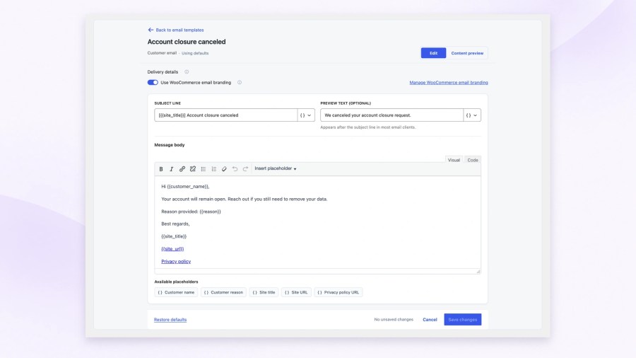 Account closure canceled email editor with subject, preview text, message body, WooCommerce branding, available placeholder chips and a Content preview tab.