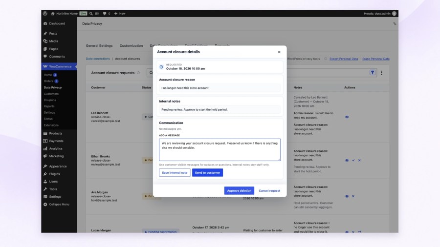 Account closure communication area with an unsent clarification message, a Save internal note button and a separate Send to customer button beneath the request details.