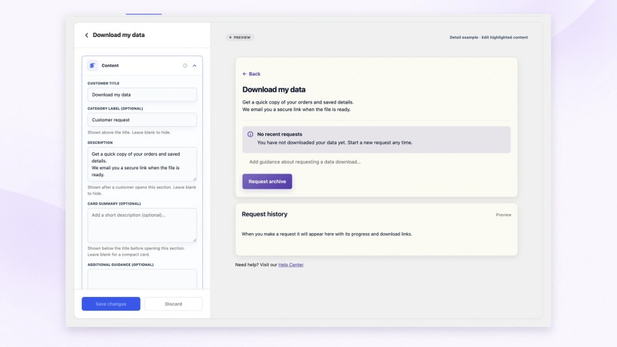 Download my data content editor with customer title, description and guidance fields beside a customer preview containing the Request archive button and request history.