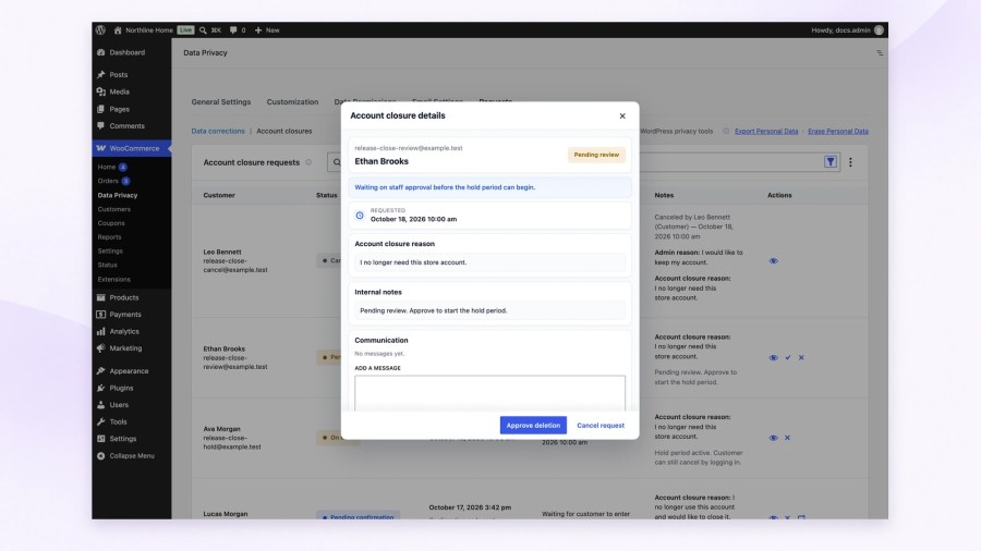 Account closure details for a customer pending staff review, showing their reason, internal notes, a hold-period explanation and enabled Approve deletion and Cancel request buttons.