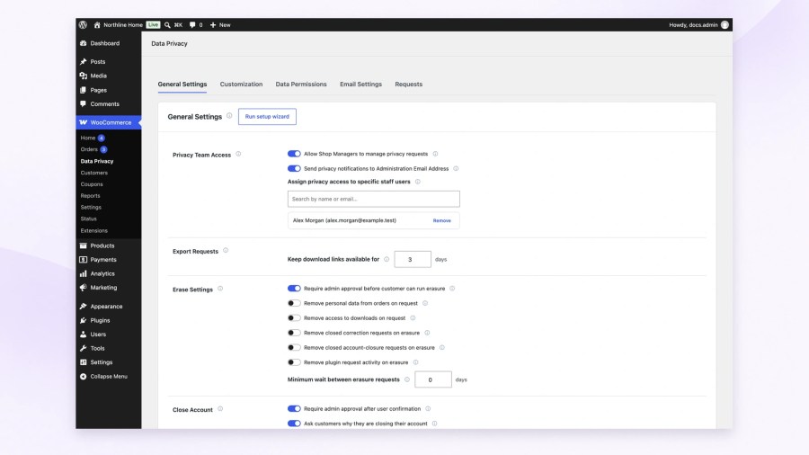 WooCommerce General Settings showing Privacy Team Access, Shop Manager access enabled, Administration Email Address notifications enabled and a selected staff member for privacy access.