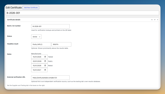 The certificate editor, with the details, lab results, and documents boxes - Top.