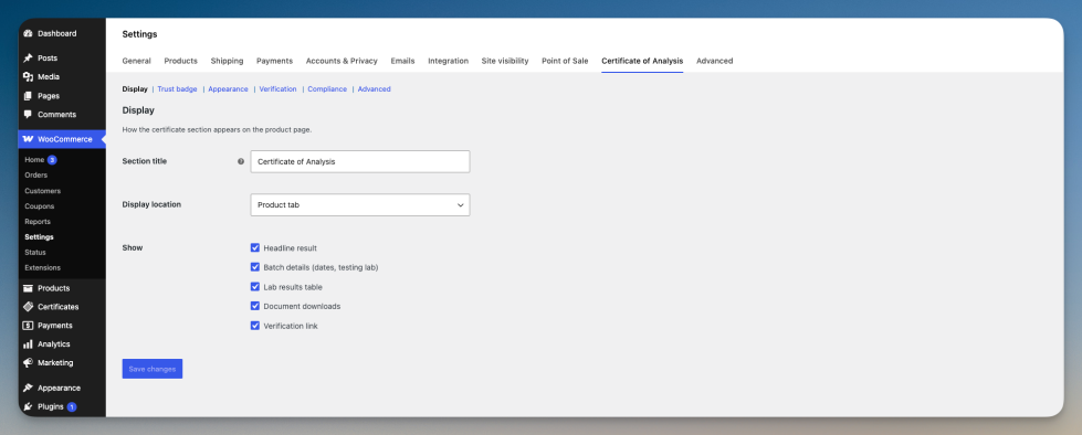 The display settings, organized into tabbed sub-sections.