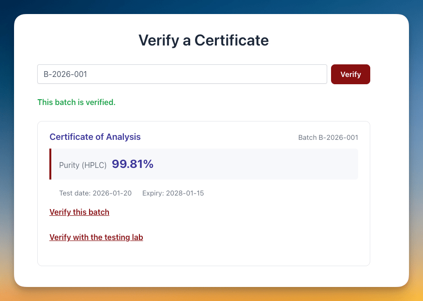 The verification page after a successful batch lookup.
