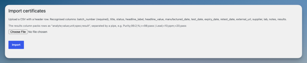 The CSV import screen.