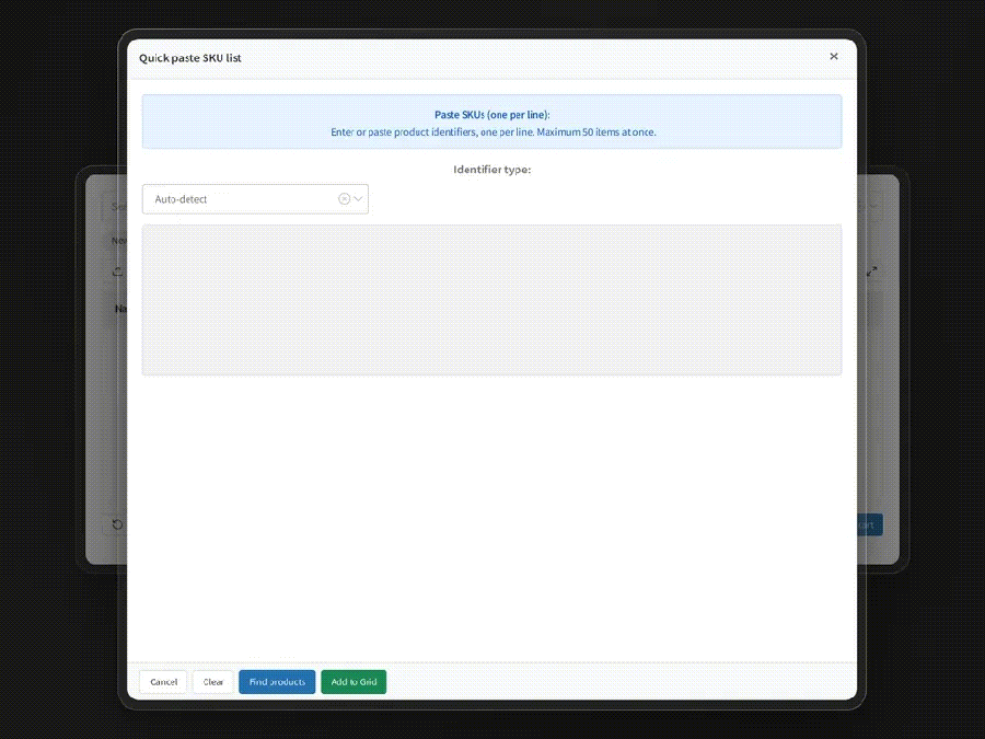 Animation: a pasted list of SKUs is matched to products and added to the order