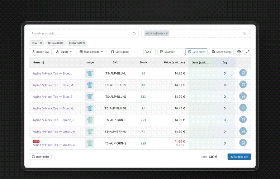 Animation: quantities typed row by row with Enter, then all products added to the cart at once