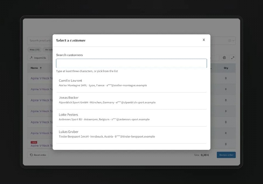 Animation: a sales rep picks a customer, enters quantities, reviews the summary, and creates the order