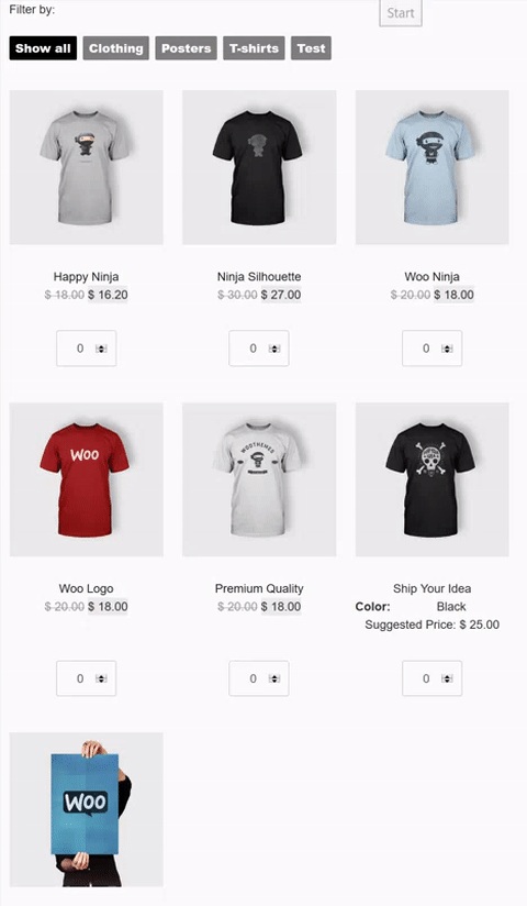 A group of products shown changing depending on which category button is clicked