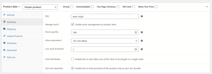product data metabox showing "not sold separately" checkbox in Inventory tab