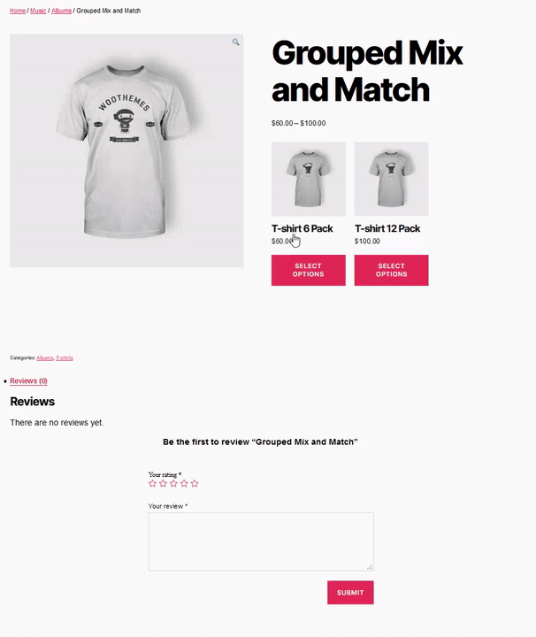 Screen Recording of a grouped mix and match product. When the 6 pack thumbnail is clicked, the options for that product appear.