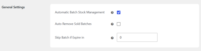 General settings page for configuring batch inventory options.