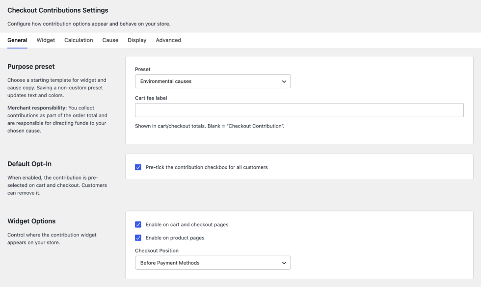 Checkout Contributions settings page showing General, Widget, Calculation, Cause, Display, and Advanced tabs in WooCommerce settings.