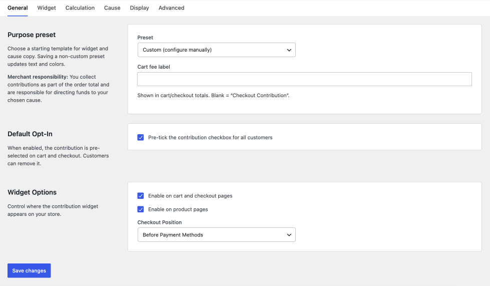 General settings for Checkout Contributions including purpose preset, cart fee label, default opt-in, and widget placement options.