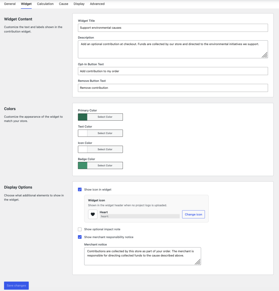 Widget settings for checkout contribution title, description, button text, colours, icon, and optional notices.