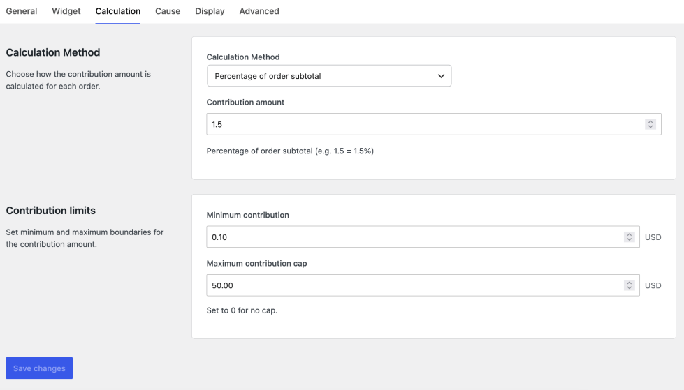Calculation settings showing method selection, contribution amount, and minimum/maximum limits.