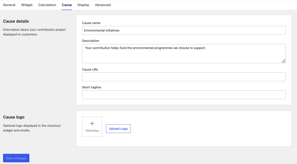 Cause settings for name, description, URL, tagline, and optional logo upload