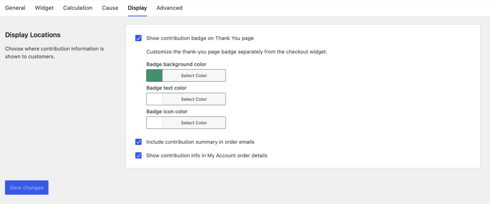 Display settings for thank-you page badge, order emails, and My Account order details.