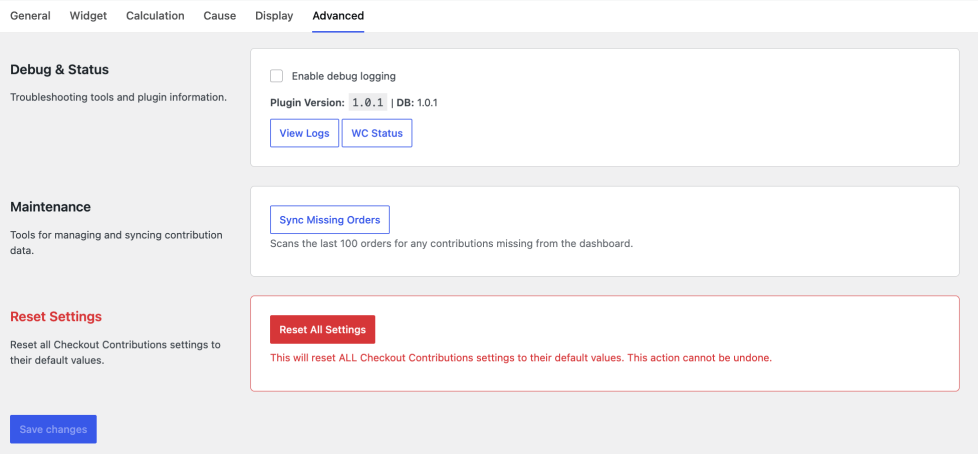 Advanced settings including debug logging, sync tool, plugin version info, and reset options.