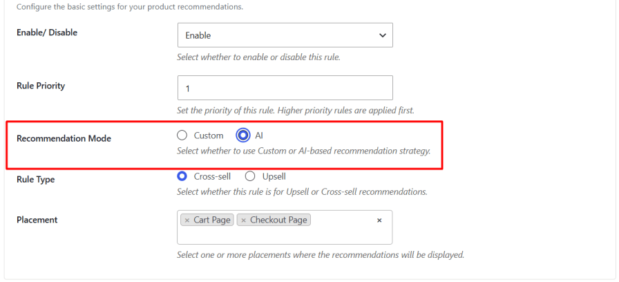 Custom or AI Recommendation Mode