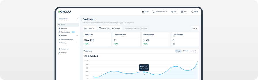 Image of KOMOJU dashboard view