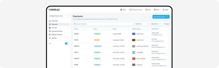 Payments page view on KOMOJU dashboard
