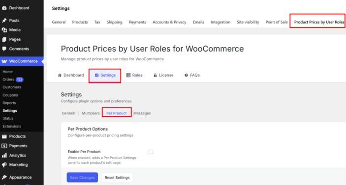 Per Product settings