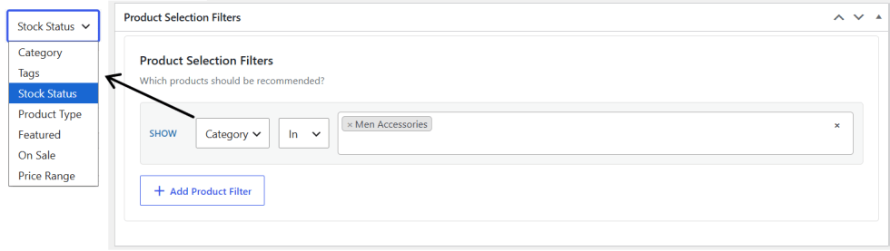 Product Selection Filters (available for Custom recommendation mode)