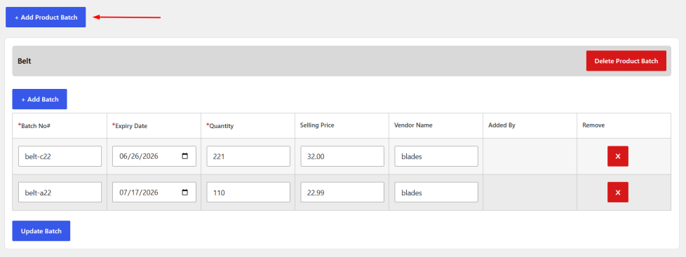Batch inventory view showing a list of batches created for one product.