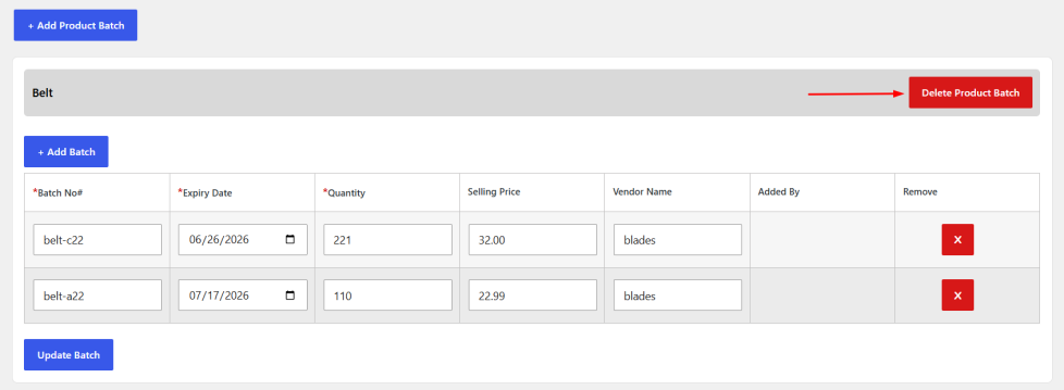 Button to delete all batches associated with a product.