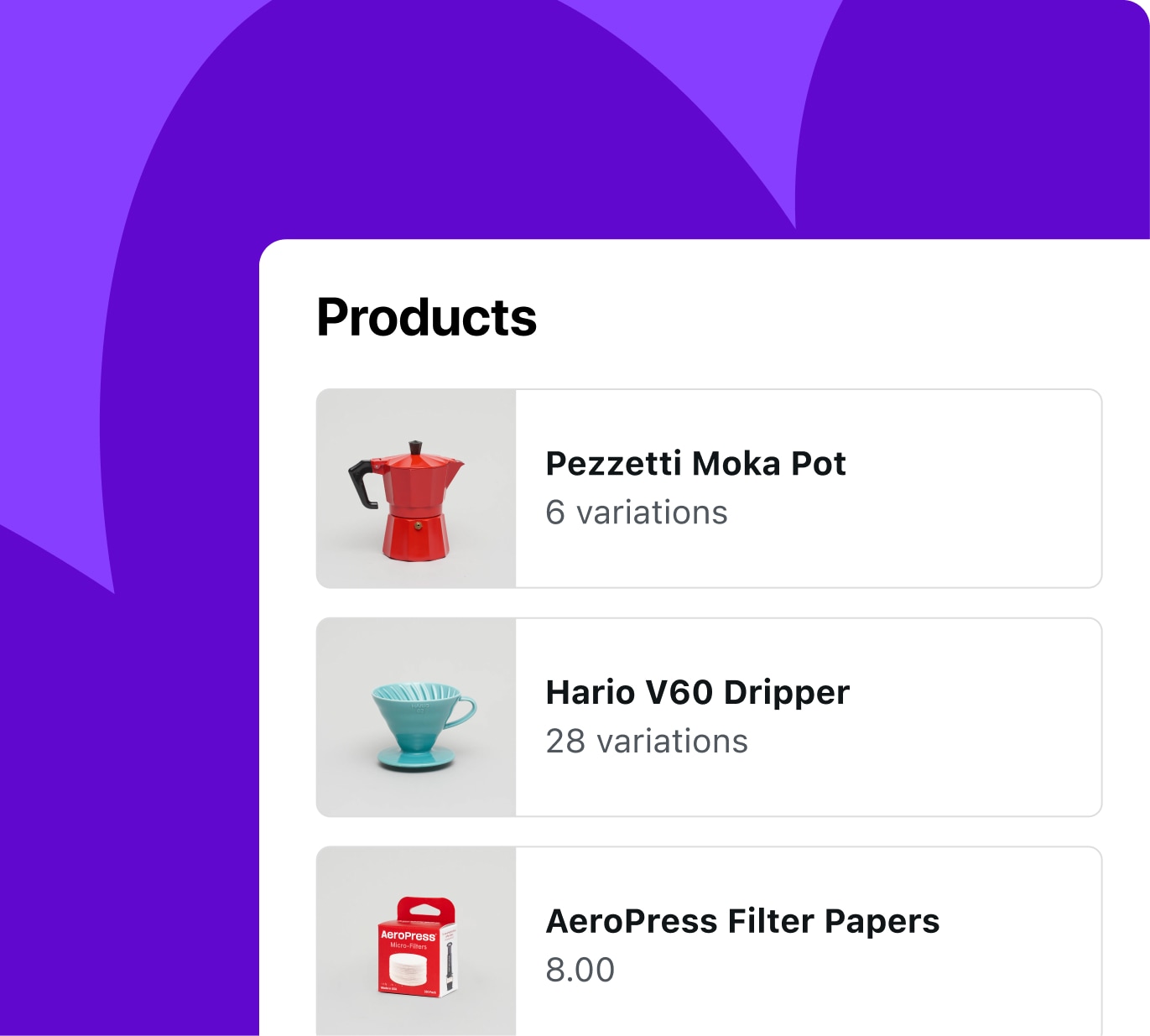 Three coffee-related products on the WooCommerce POS Products screen
